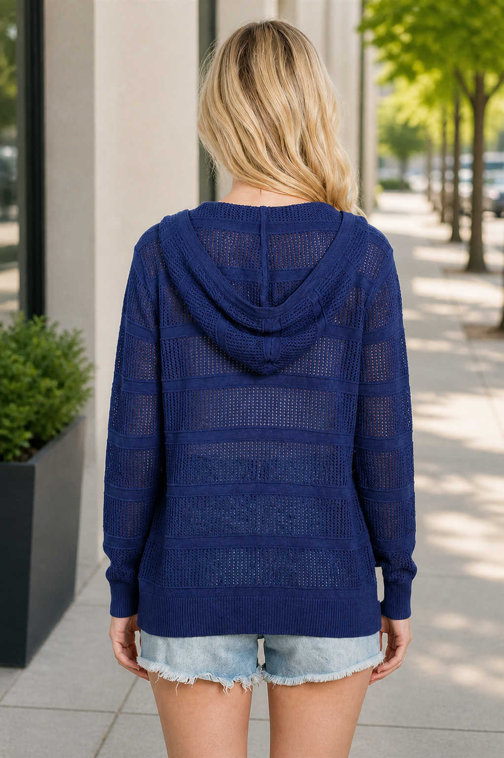 Pointelle Stripe Hooded Cardigan