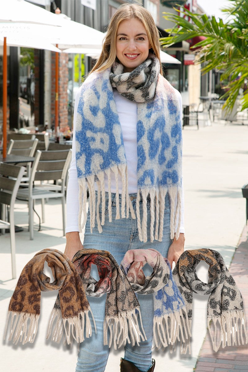 Oblong Leopard Print Fringe Shawl Scarf- 4 Colors!