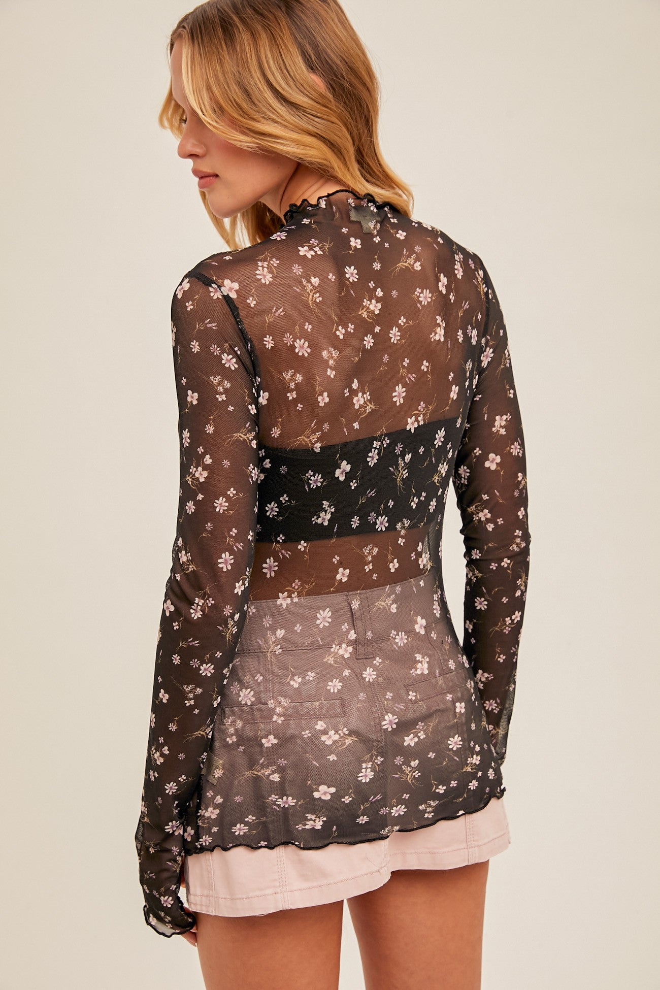 Flipped Script Mesh Floral Top