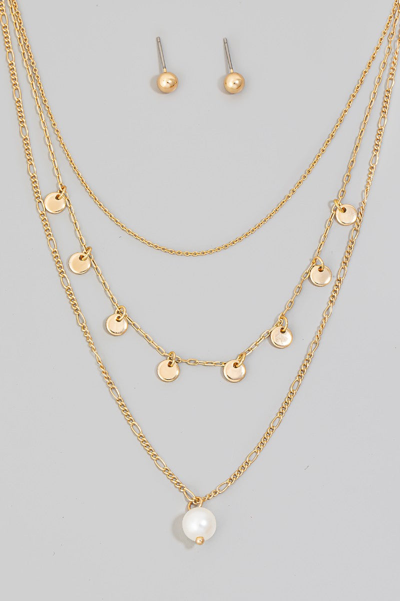 Pearl And Coin Charms Layered Chains Necklace Set