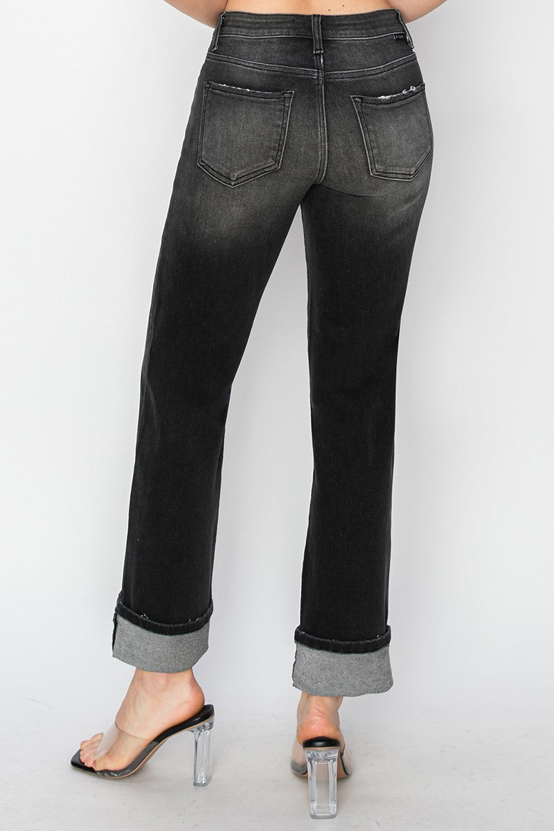 Risen Jeans: Inseam 30 1/2" High Rise Straight Turn Up Cuff Jeans