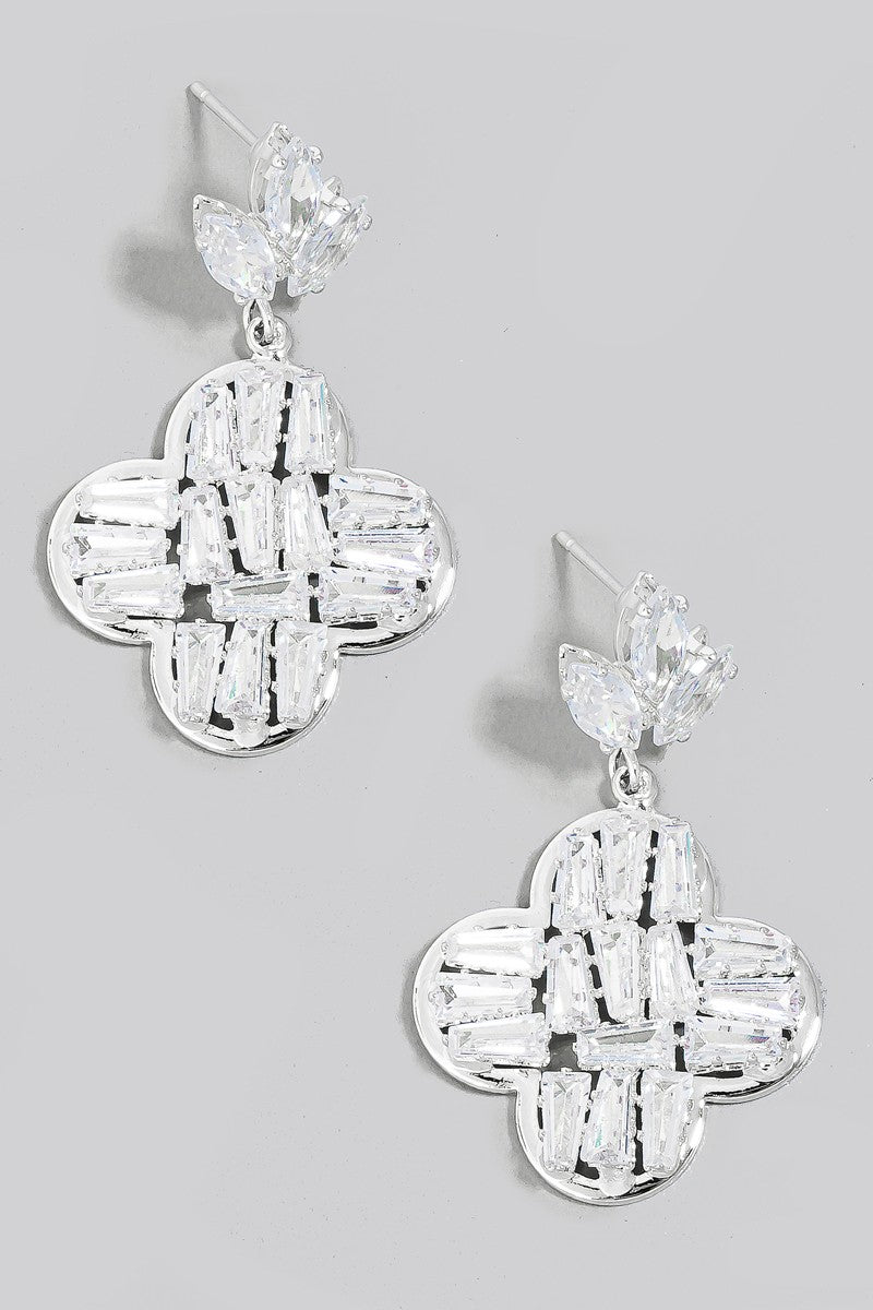 Cubic Zirconia Baguette Clover Charm Dangle Earrings