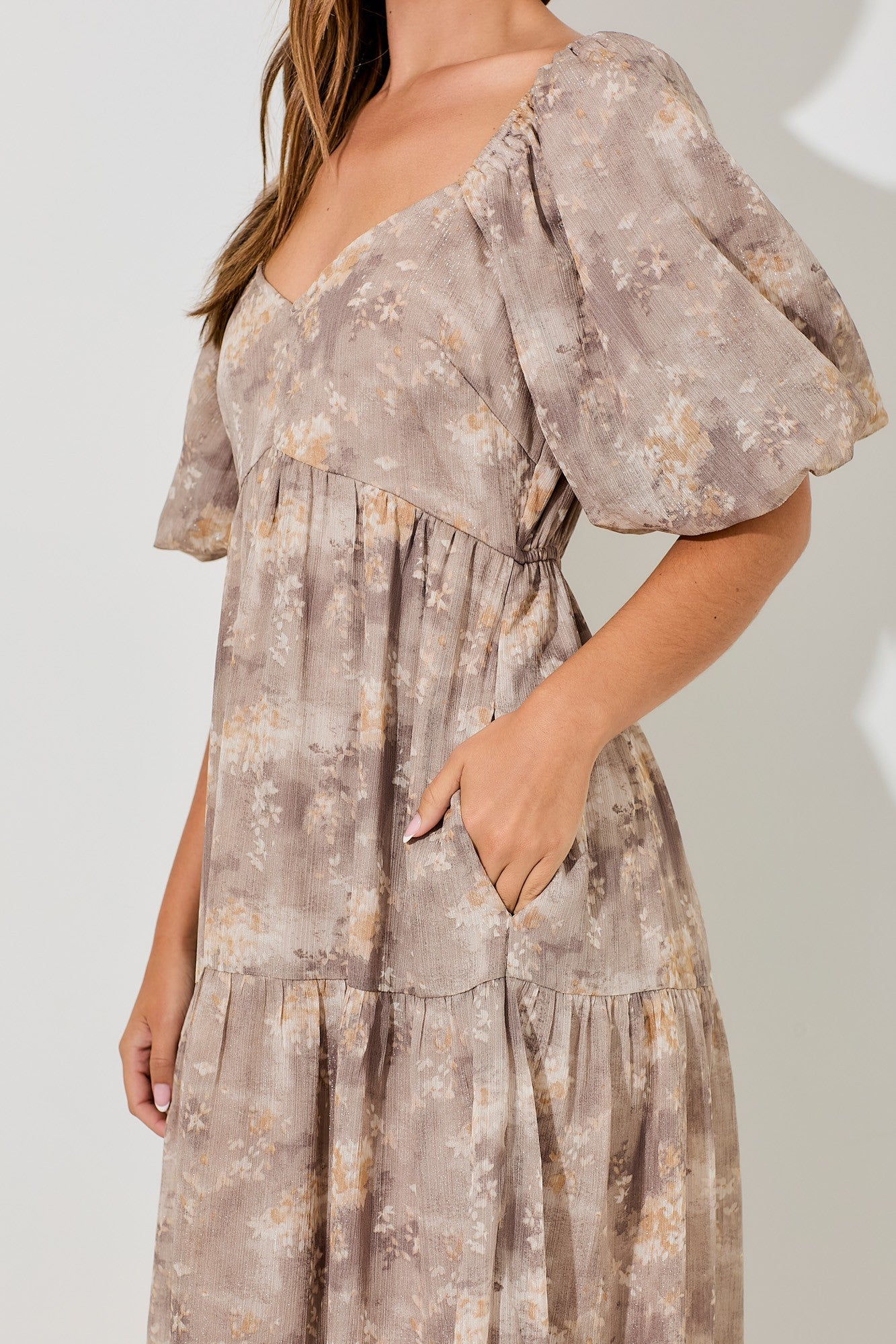 Floral V-neck Bubble Sleeve Dress
