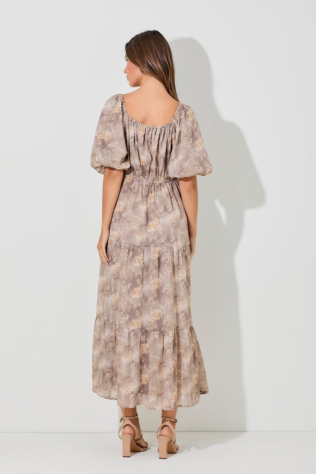 Floral V-neck Bubble Sleeve Dress