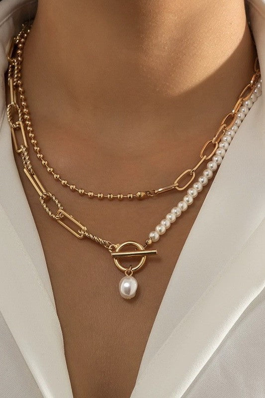 Pearl Mix Double Layer Toggle Necklace