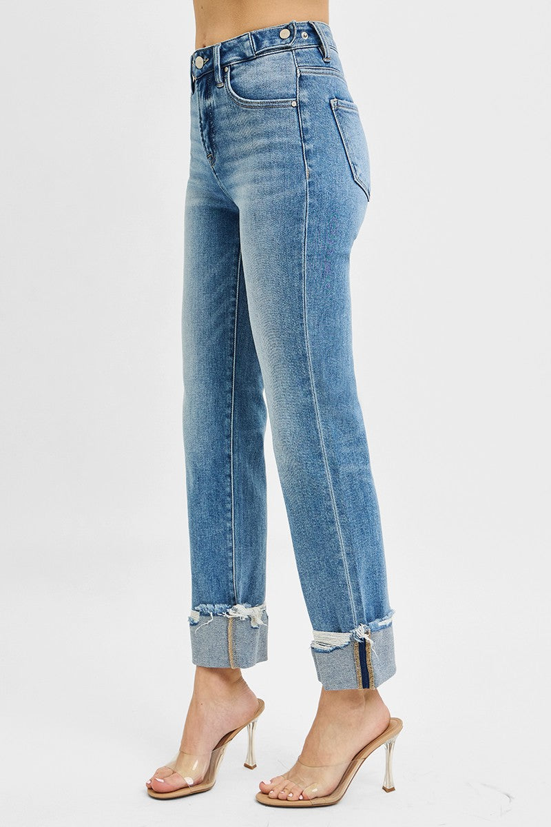 Risen Tummy Control High Rise Crop Straight Cuffed Jeans