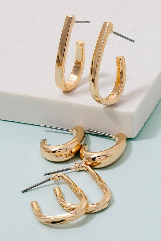 3pc Oval Hoop Earrings Set