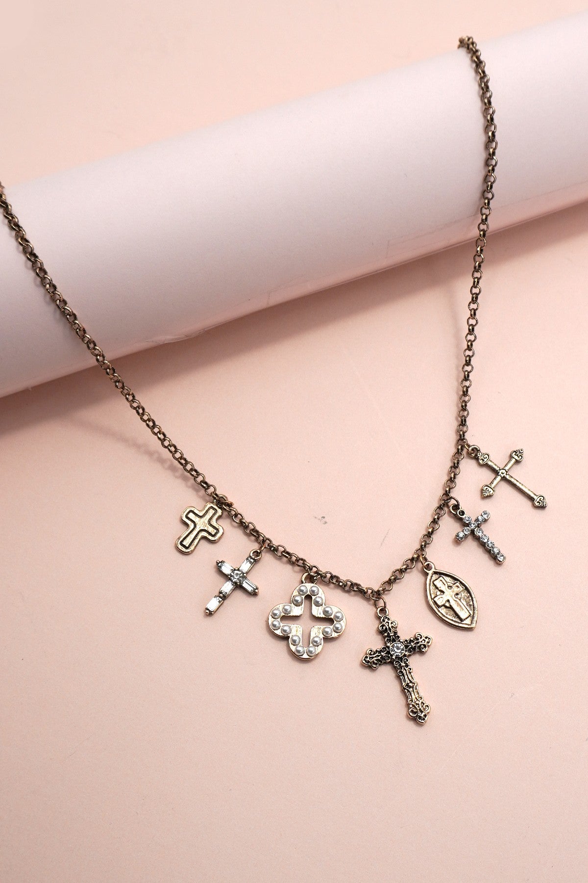Charm Necklace-burnish Gold Cross Charms