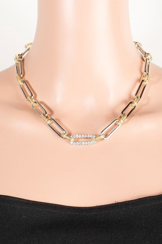 Two Tone Oval Chain Pave Link Chain Necklace