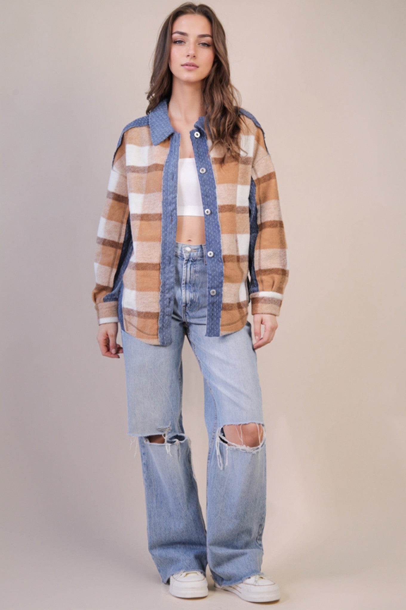 DOORBUSTER: Textured Denim/Plaid Shacket