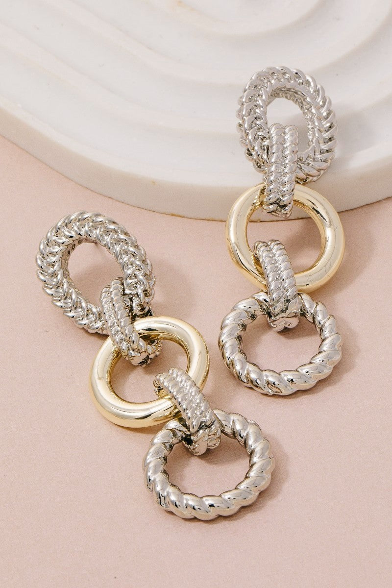 Gold Plated Two Tone Chain Dangle Earrings