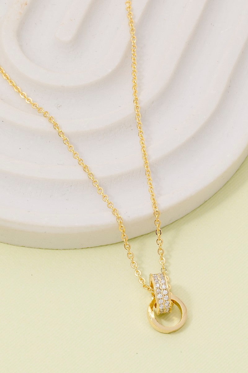 Cz Double Ring Link Pendant Necklace