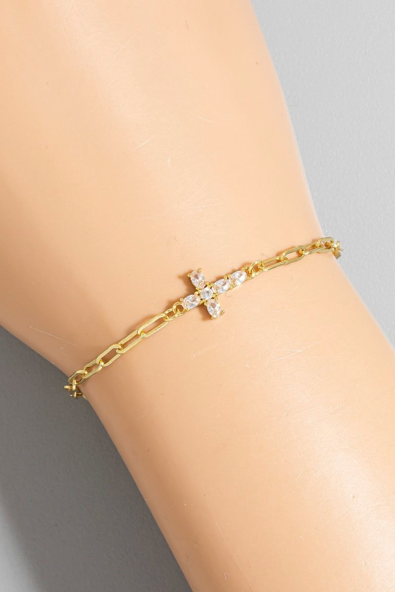 Gold Dipped Cz Cross Dainty Chain Bracelet