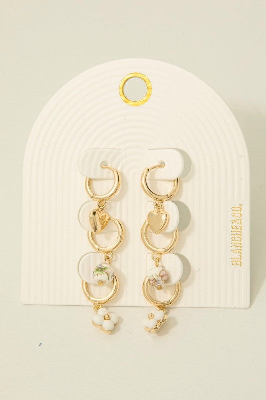Ceramic Floral Bead Clover And Heart Hoop Earrings Set