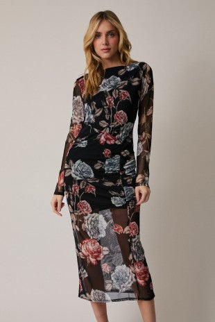 Boat Neck Shirring Detail Floral Maxi Dress