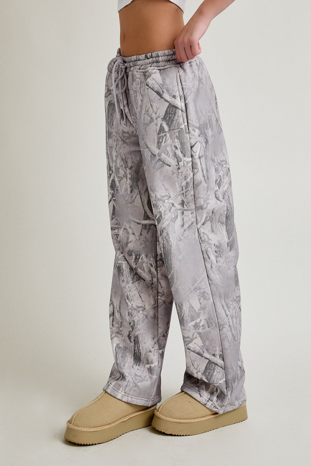 Mid Rise Tree Camo Printed Wide Leg Sweatpants