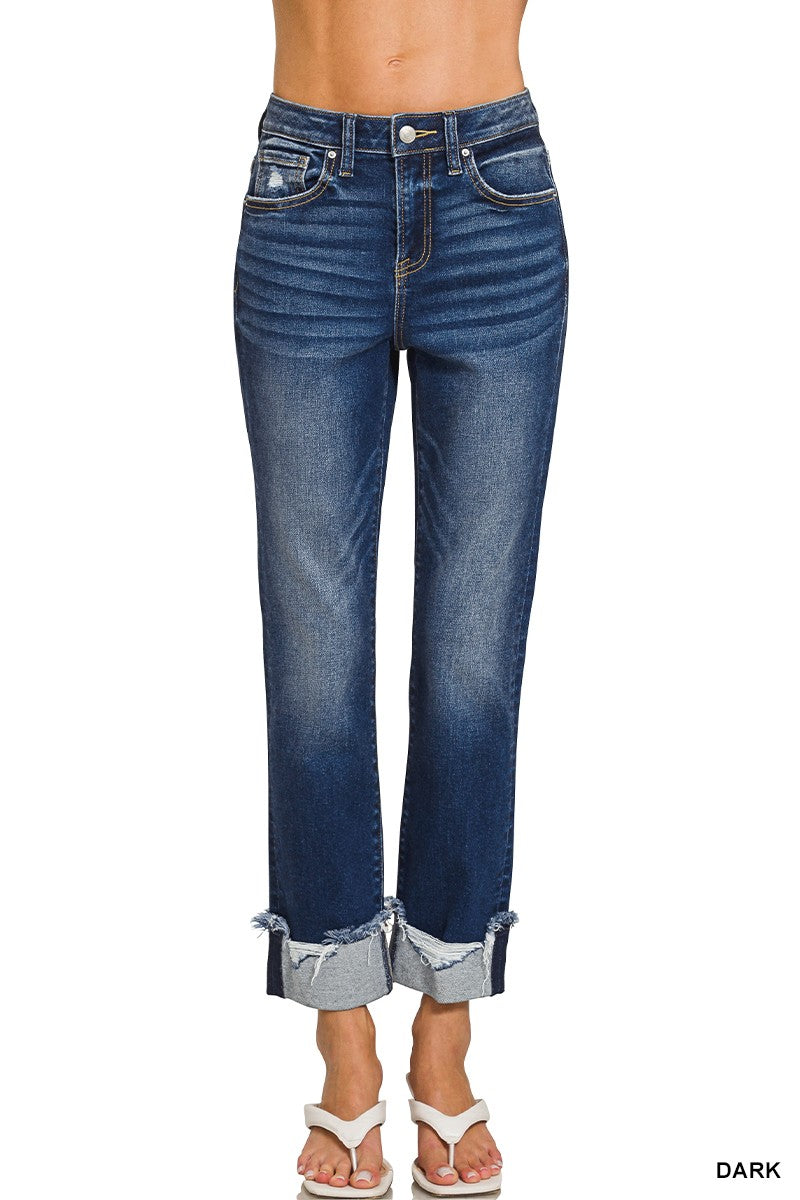 Zenana Cuffed or Uncuffed Distressed Hem Jeans
