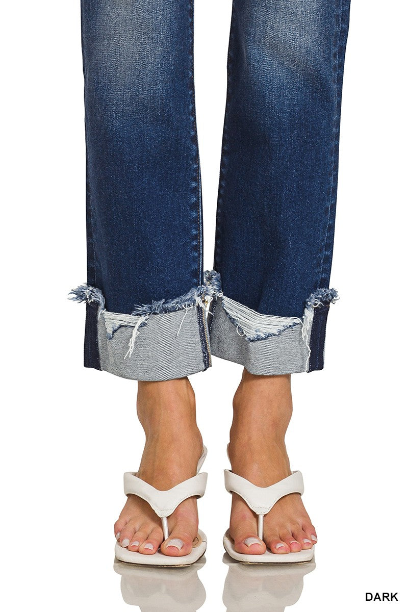 Zenana Cuffed or Uncuffed Distressed Hem Jeans
