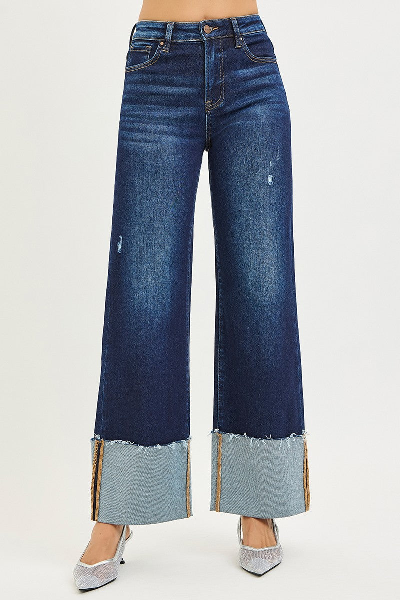 Risen Jeans: (36 3/4" Inseam before cuffing) High Rise Ankle Wide Cuffed Jeans