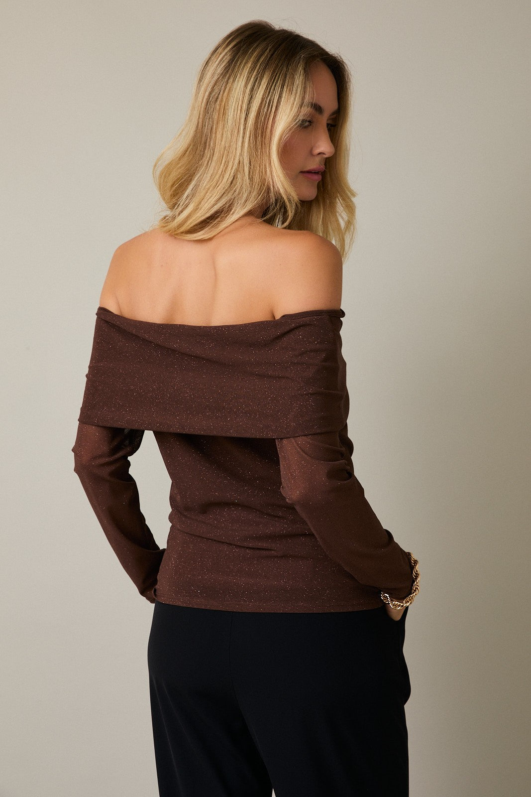 Off Shoulder Long Sleeve Metallic Top