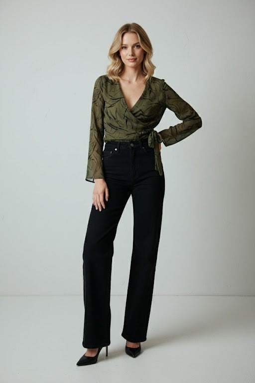 Surplice Long Sleeve Waist Tie Abstract Top