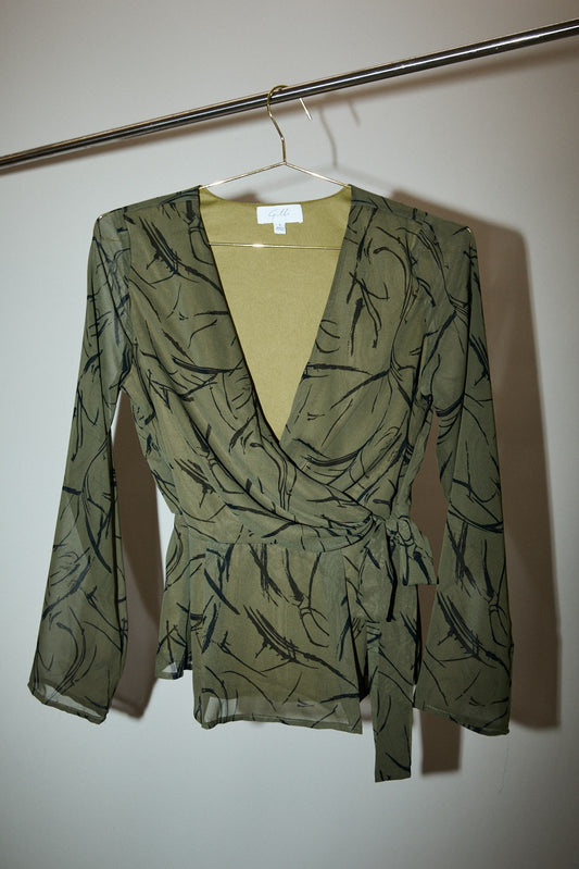 Surplice Long Sleeve Waist Tie Abstract Top