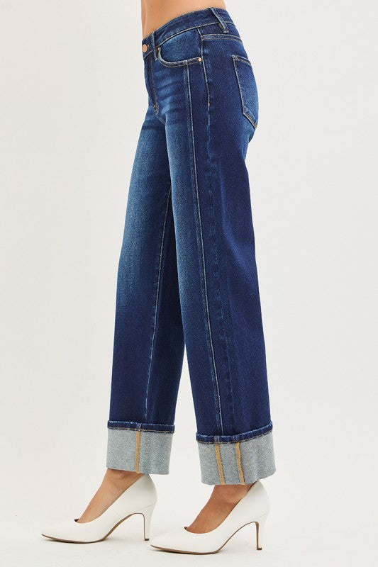 Risen Jeans: 32.5" Inseam Mid Rise Anke Straight Jeans With Cuffed Hem