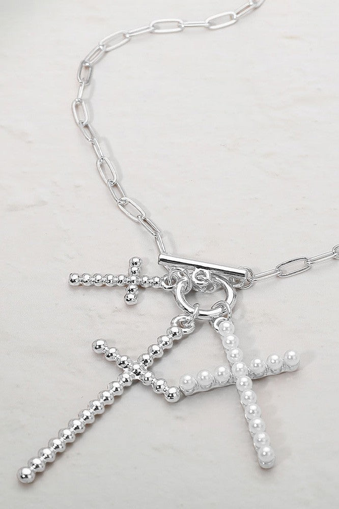 Metal Bubble Pearl Cross Charm Pendant Necklace