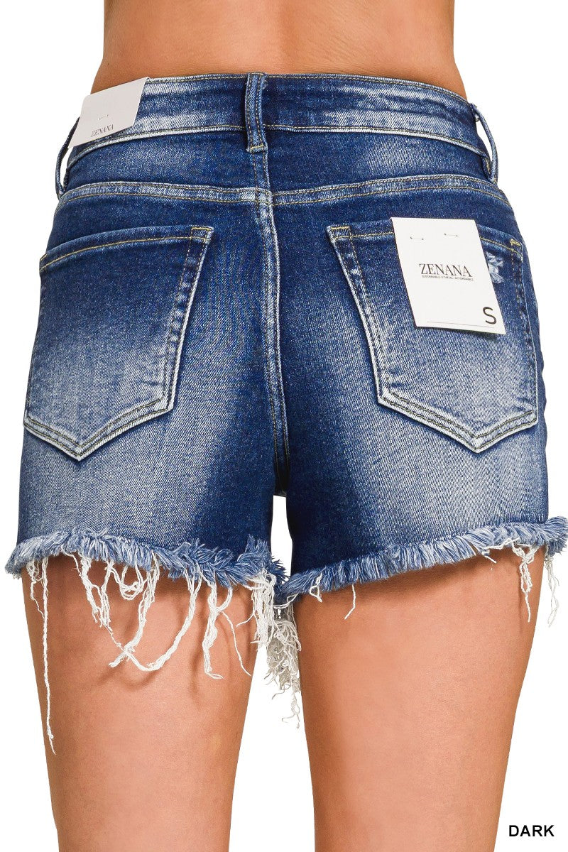 Dark Wash Distressed Raw Hem Denim Shorts