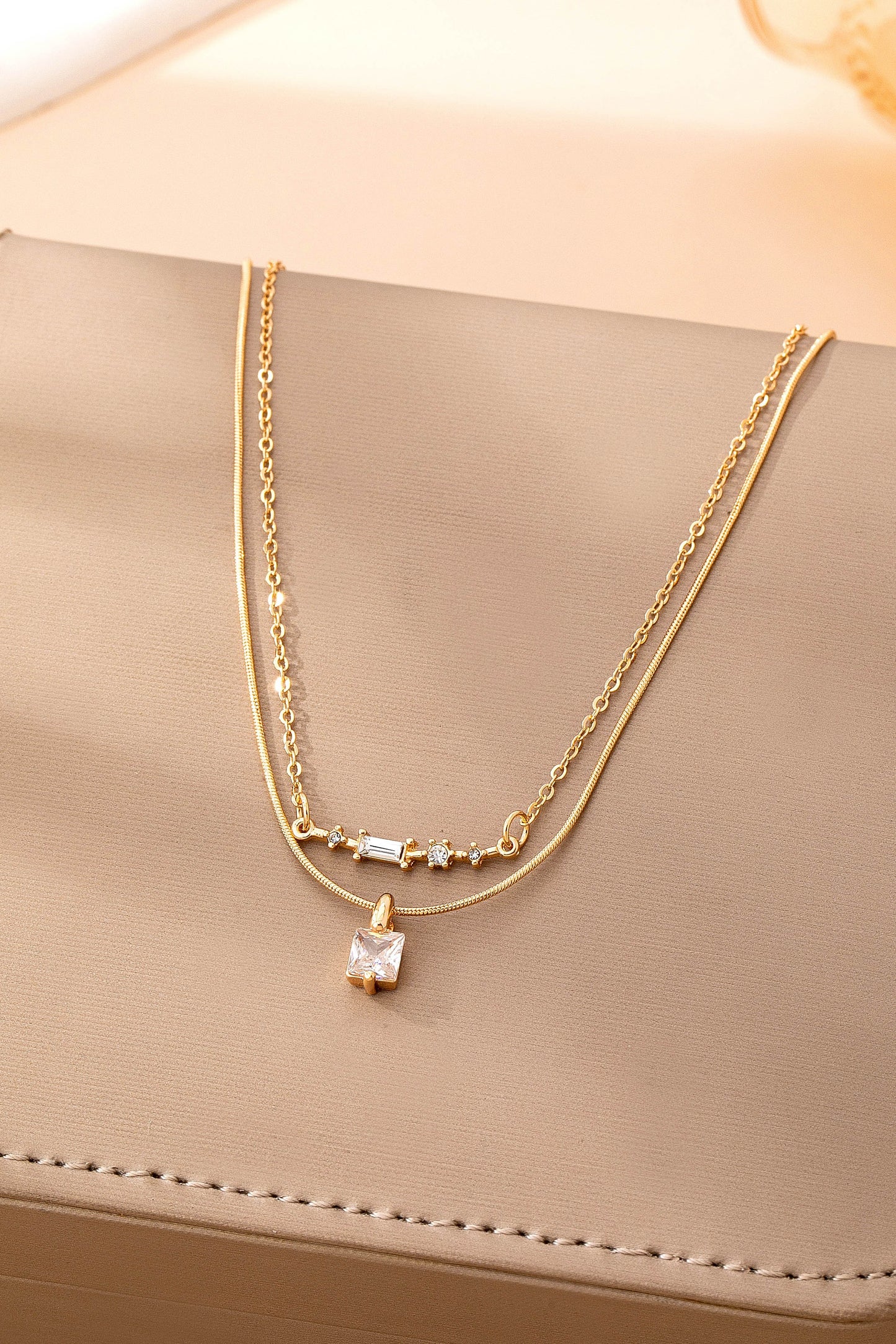 Crystal Bar & Solitaire Layered Necklace