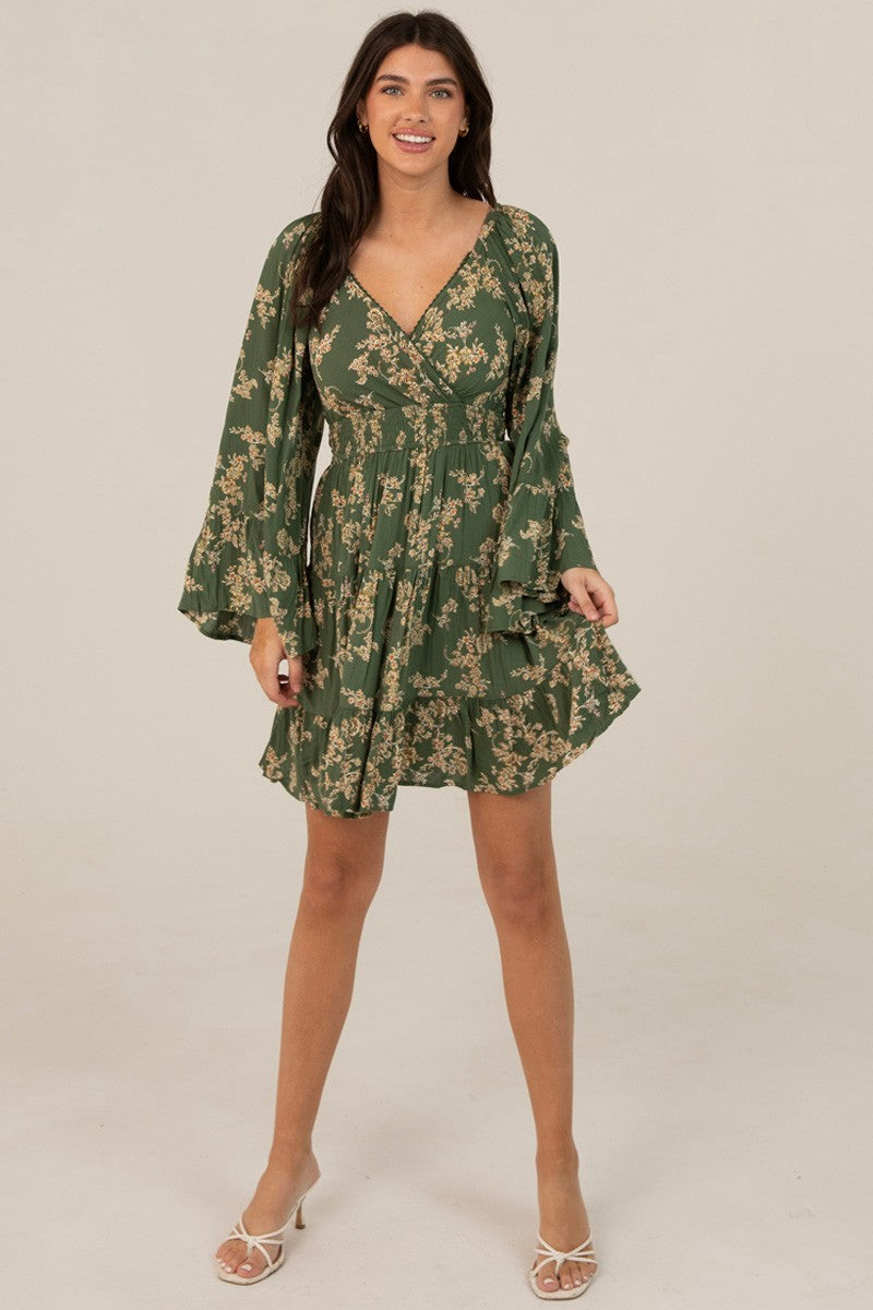 V-Neck Bell Sleeve Flare Dress