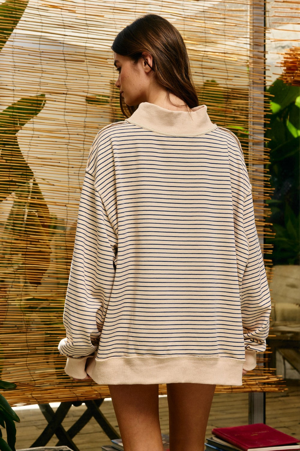 Striped Mock Neck Oversized Sweatshirt