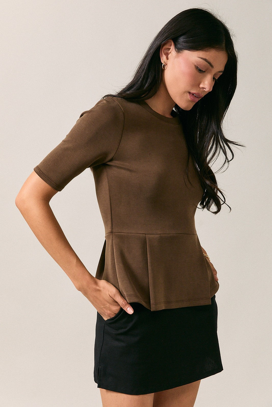 Pleated Peplum Elbow Sleeve Top