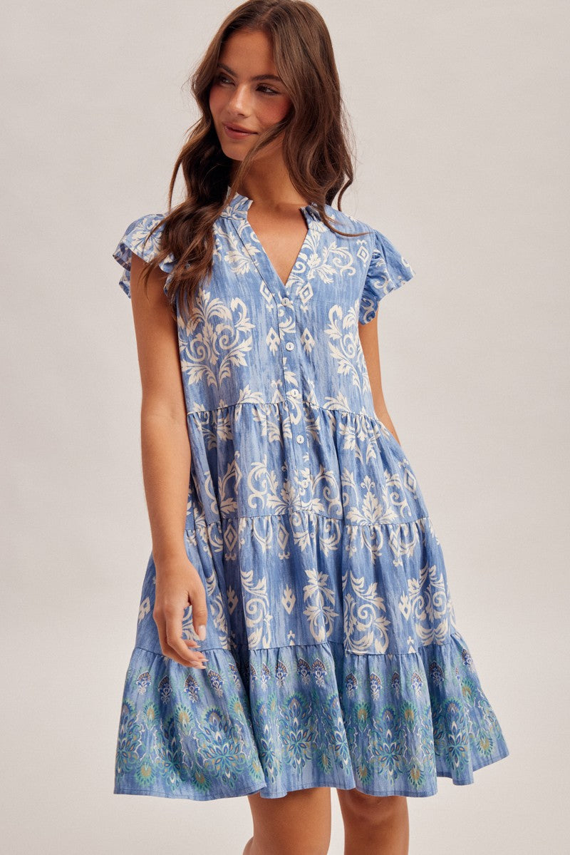 Flutter Sleeve Tiered Mini Dress