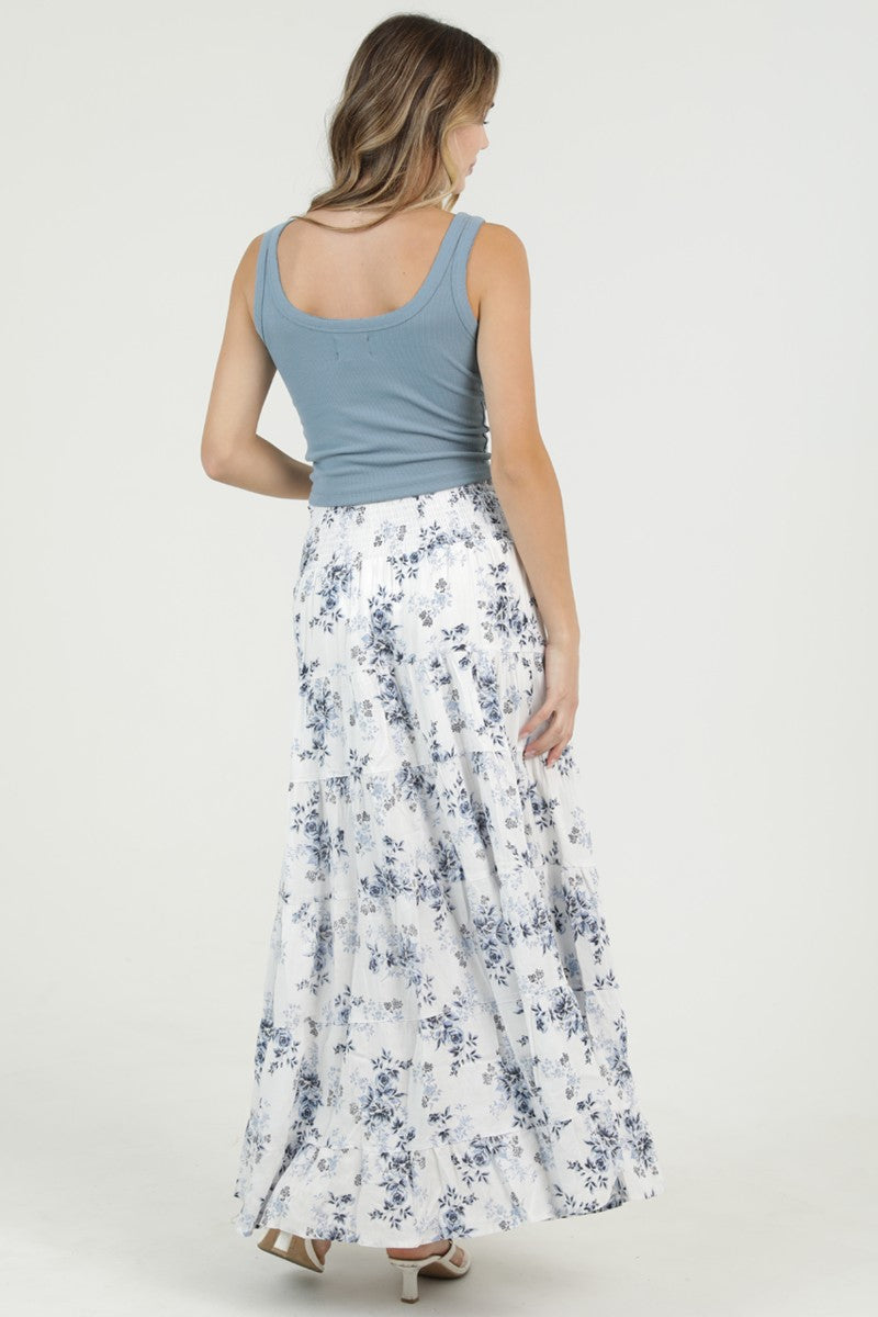 Blue Floral Tiered Maxi Skirt