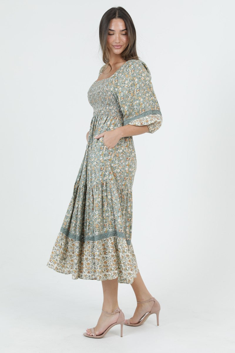 Floral Smocked Square Neck Midi Dress