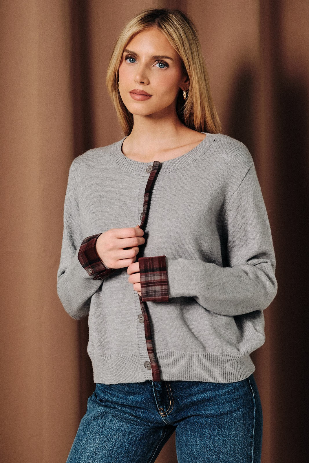 Plaid Trim Button Cardigan