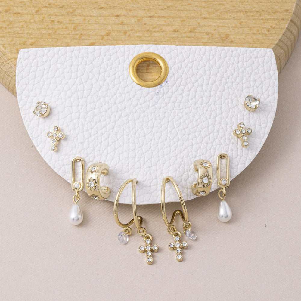 Cross & Pearl Huggie Earring Set