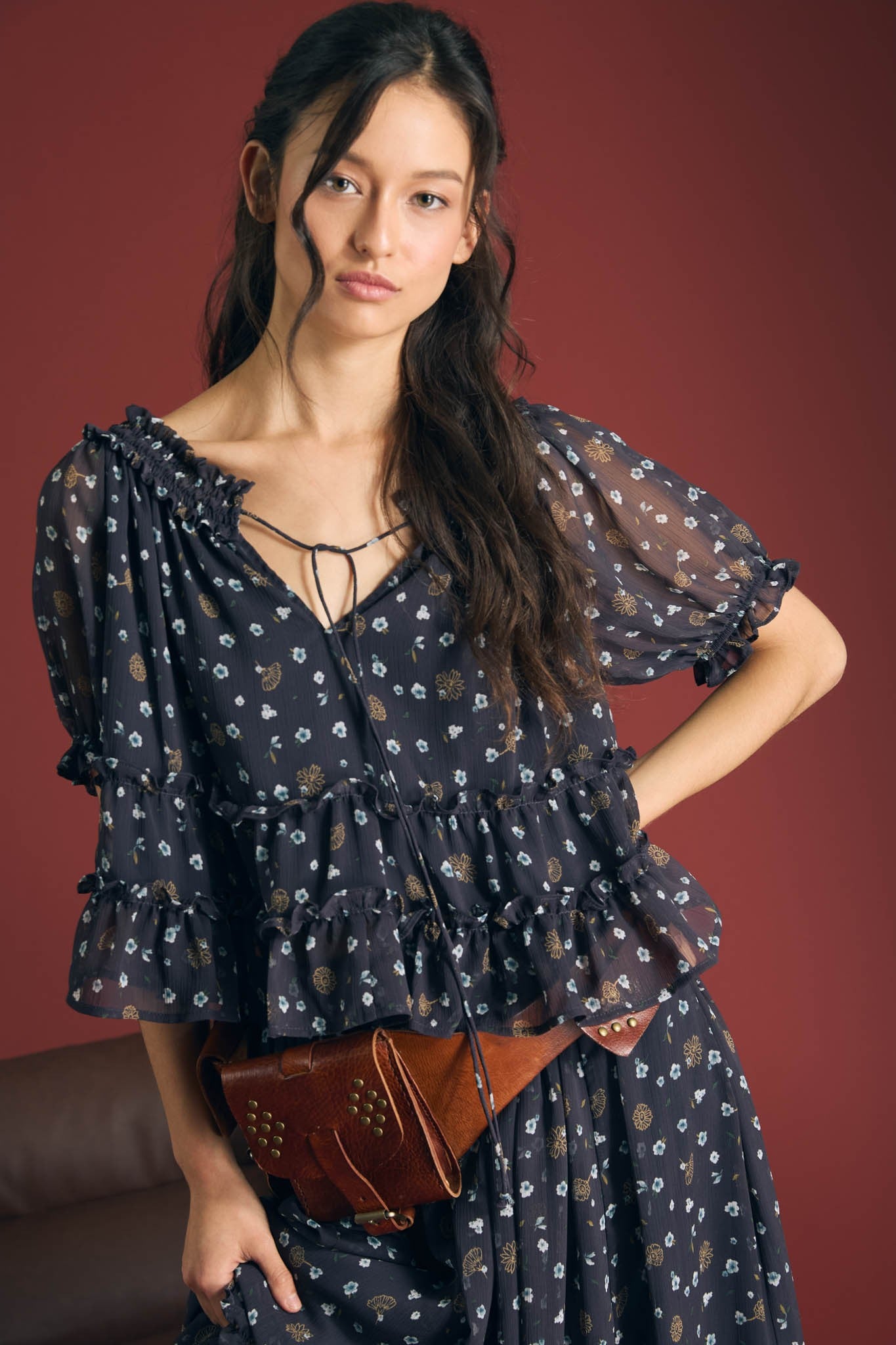 Floral Tie Front Puff Sleeve Blouse