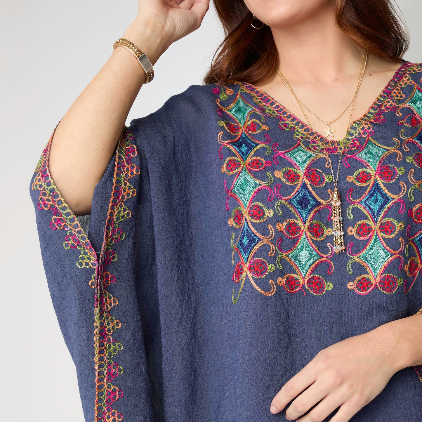 Embroidered V-Neck Poncho Top