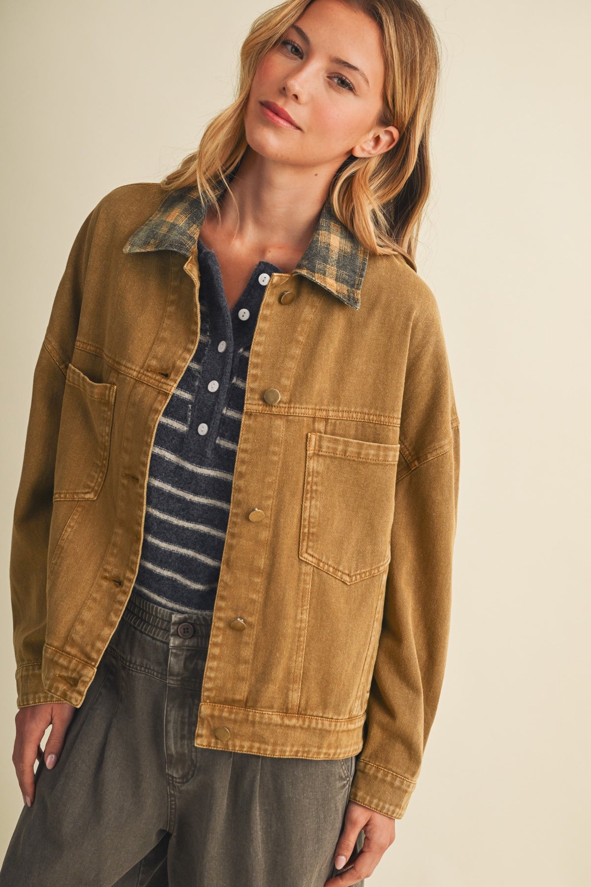 Vintage Plaid Collar Denim Jacket
