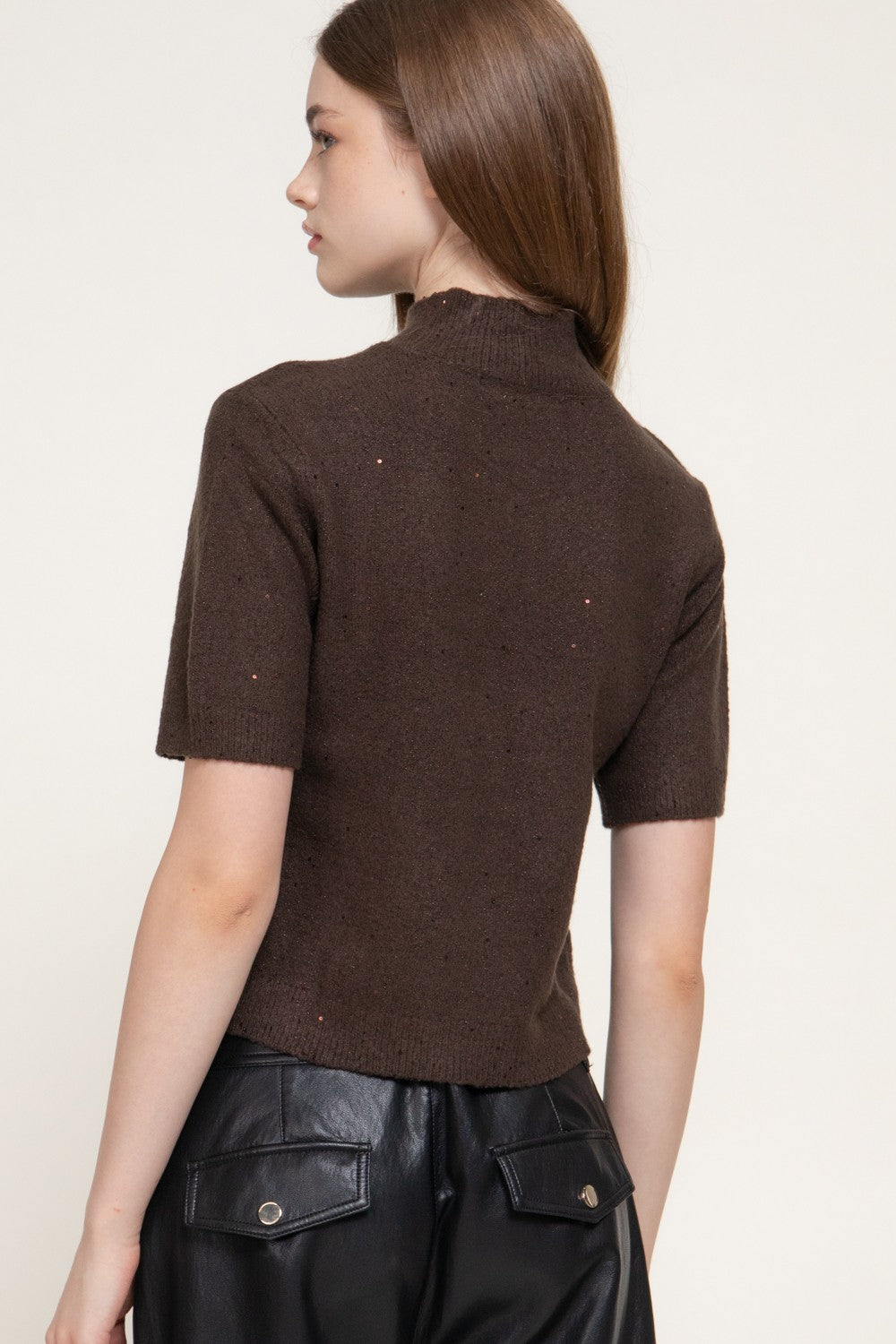 Lurex Mock Neck Short Sleeve Sweater