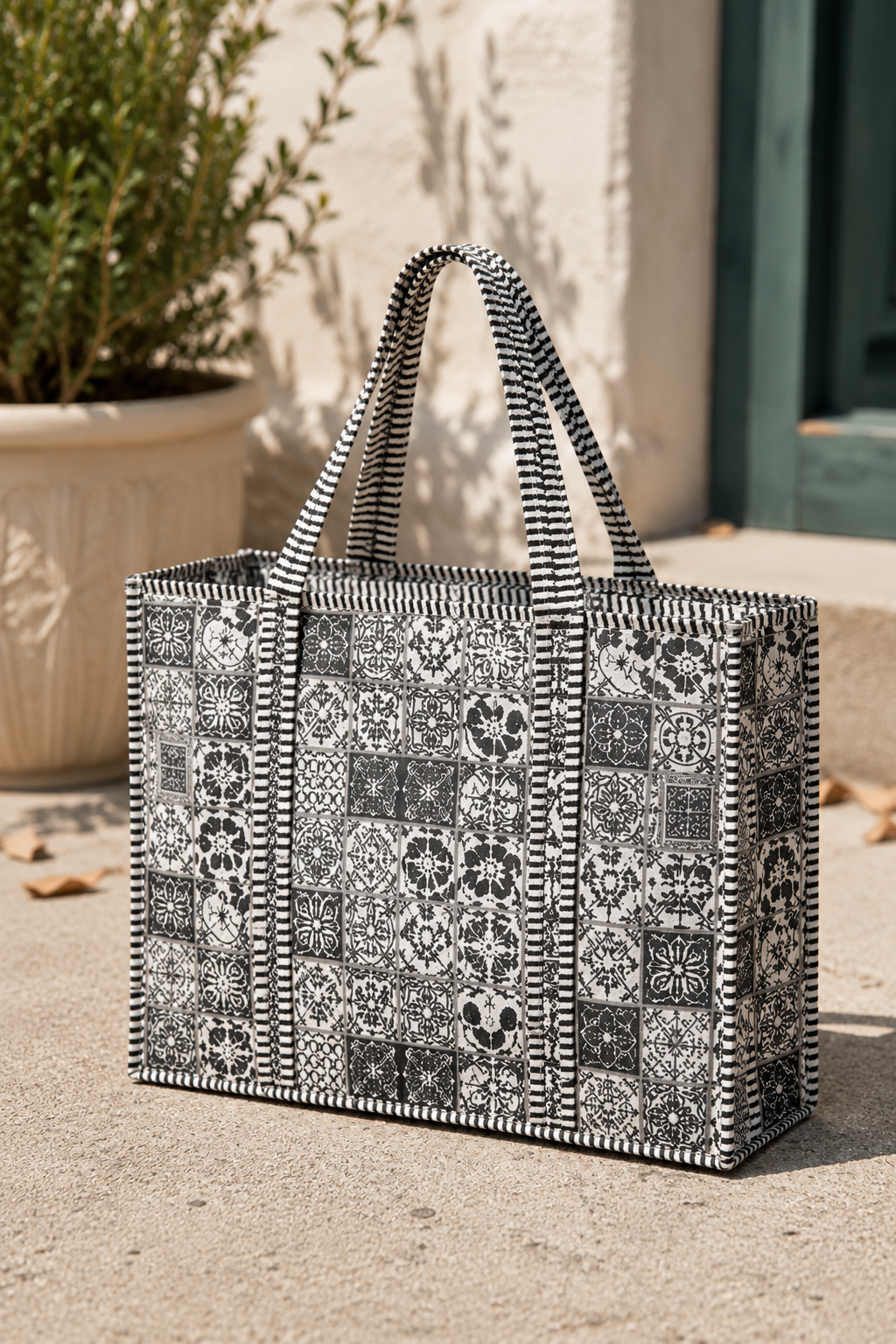 Large Black Tile Quilted Cotton Travel Tote Bag