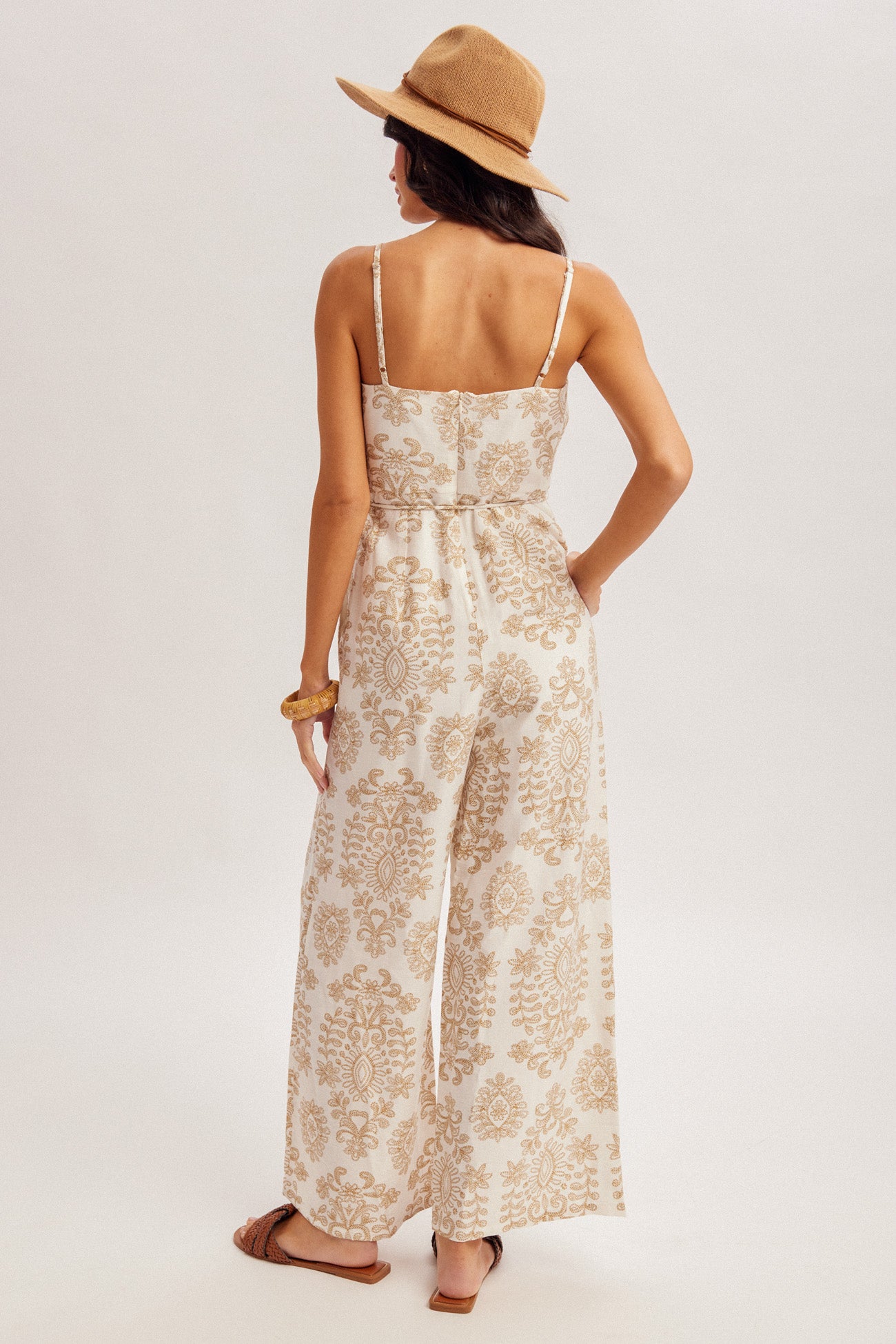 Mosaic Print Tassel Belted Jumpsuit