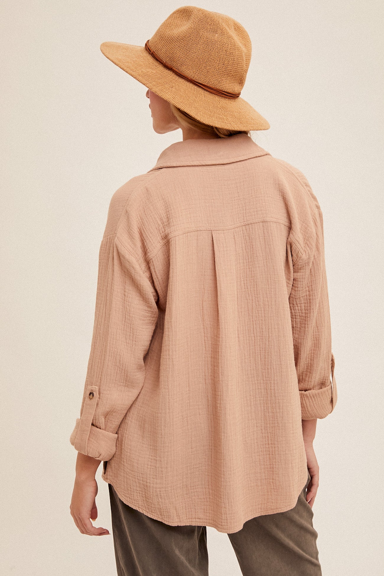 Crinkle Gauze Roll Tab Button Down Shirt