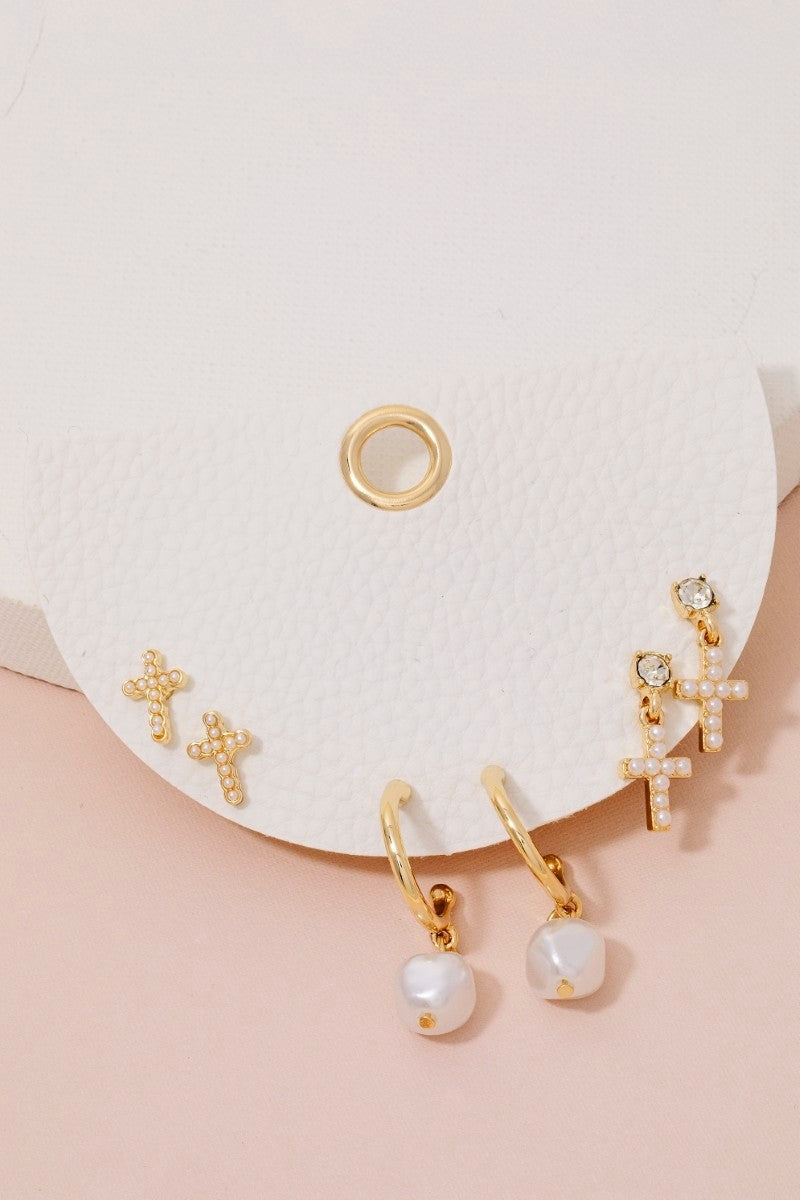 Pearl Cross & Charm Mixed Earring Set