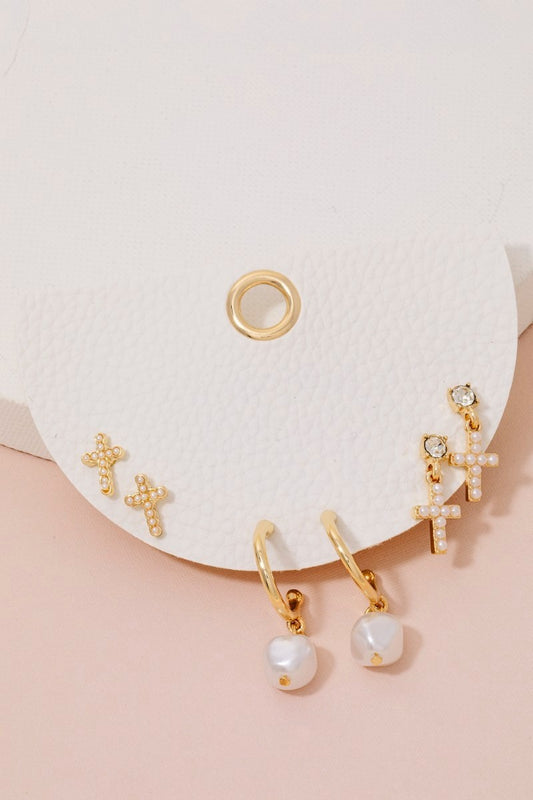 Pearl Cross & Charm Mixed Earring Set