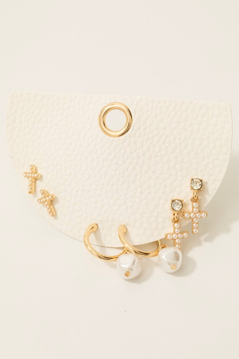 Pearl Cross & Charm Mixed Earring Set