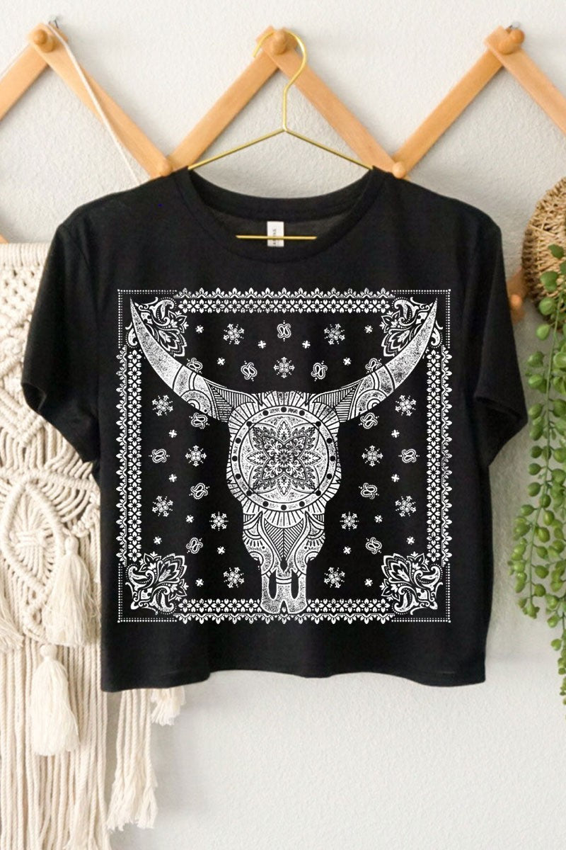 Cow Skull Bandana Crop Graphic Tee