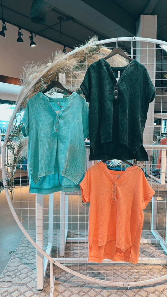 Melanie Double Gauze Henley Shirt- 3 Colors!